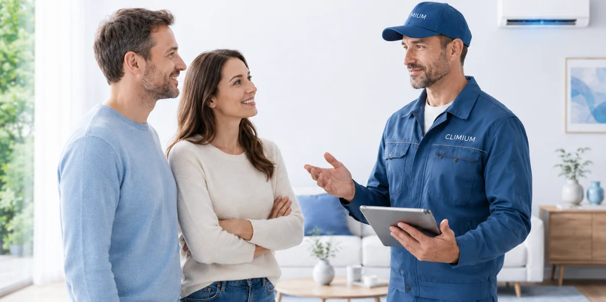 Clients échangeant avec un technicien Climium lors d’une pré-visite technique offerte